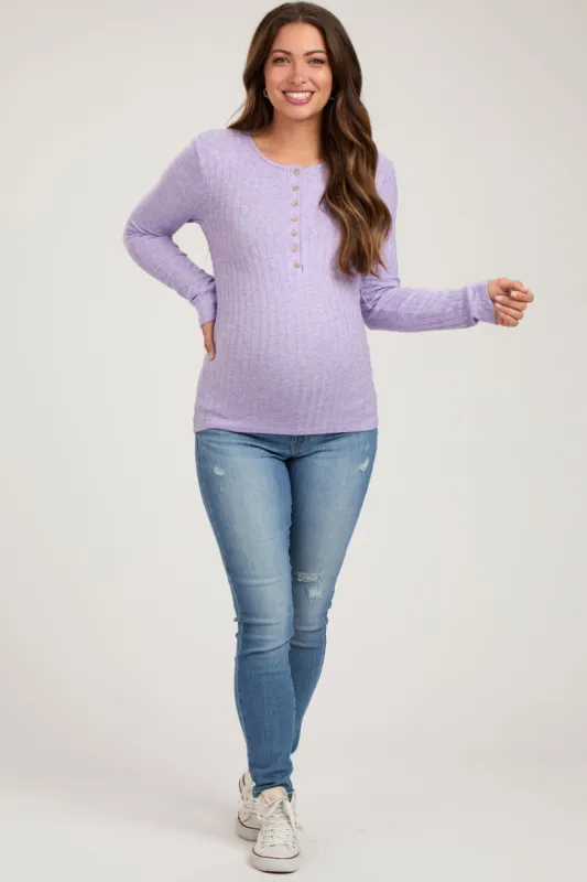 Lavender Ribbed Knit Button Long Sleeve Maternity Top sold by Pinkblush