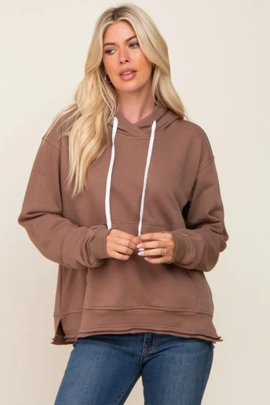 Mocha Raw Edge Trim Drawstring Hoodie sold by Pinkblush