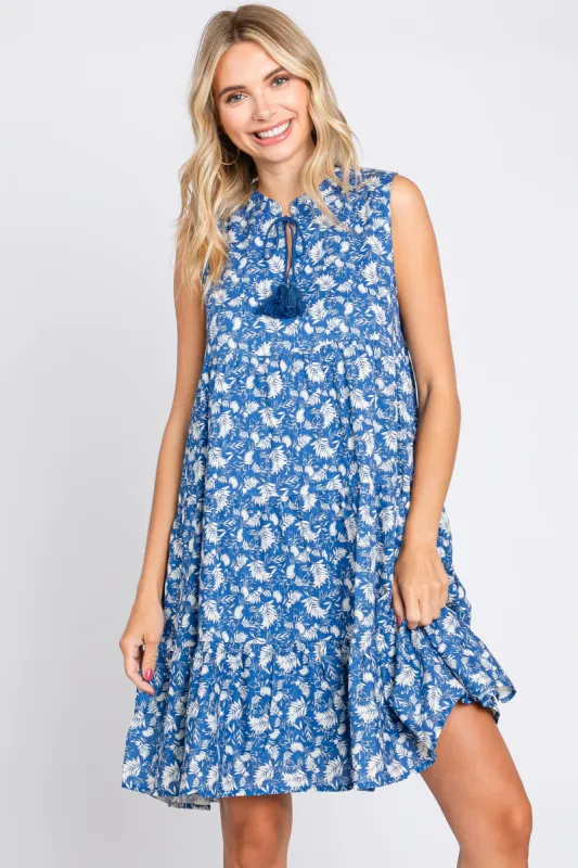 Blue Leaf Print Front Tassel Tie Tiered Dress sold by Pinkblush