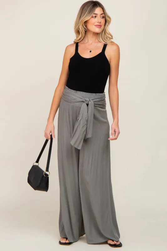 Olive High Waist Tie Front Wide Maternity Pants sold by Pinkblush