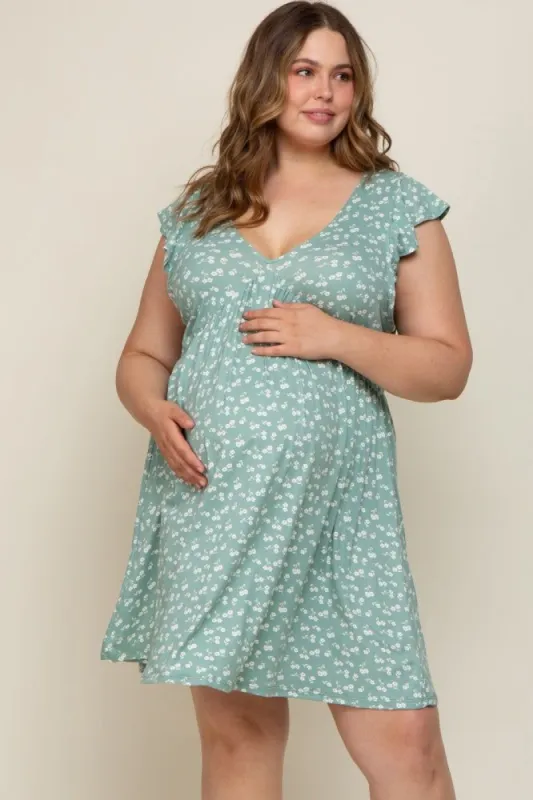 Mint Green Floral Flounce Maternity Plus Dress sold by Pinkblush