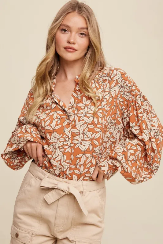 Orange Leaf Print Button Up Top sold by Pinkblush