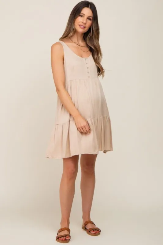 Beige Sleeveless Tiered Maternity Dress sold by Pinkblush