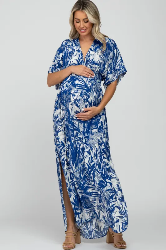 Navy Blue Leaf Print V-Neck Maternity Maxi Dress sold by Pinkblush
