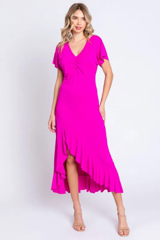 Fuchsia V-Neck Ruffle Hi-Low Midi Dress sold by Pinkblush