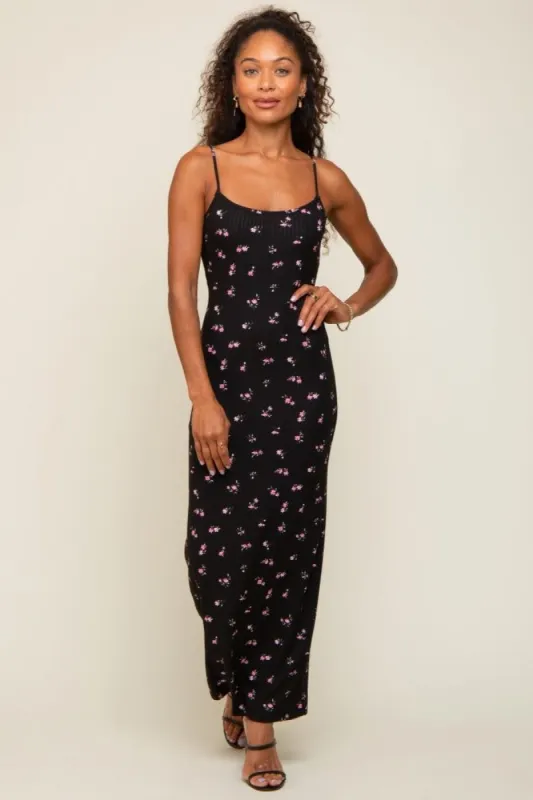 Black Floral Ribbed Maxi Dress sold by Pinkblush