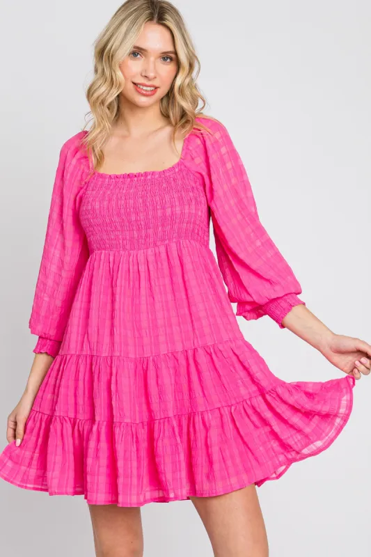 Fuchsia Gingham Textured Tiered Dress sold by Pinkblush
