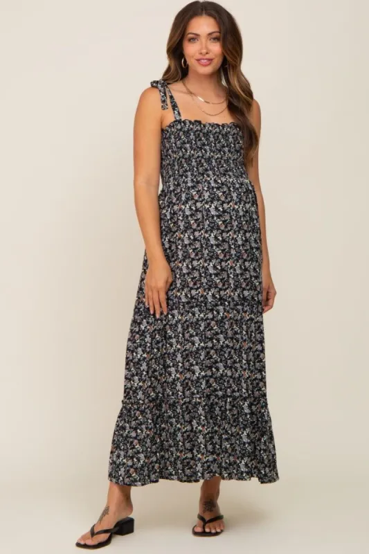 Black Floral Smocked Maternity Maxi Dress sold by Pinkblush