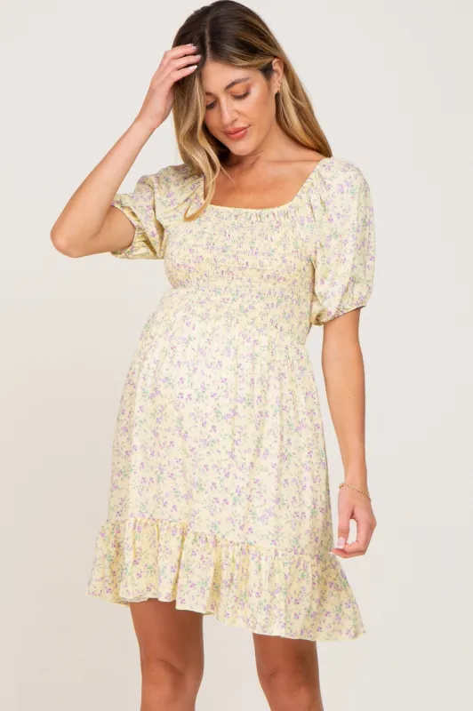 Yellow Floral Smocked Puff Sleeve Maternity Dress sold by Pinkblush