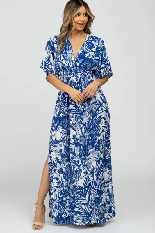 Navy Blue Leaf Print V-Neck Maxi Dress sold by Pinkblush