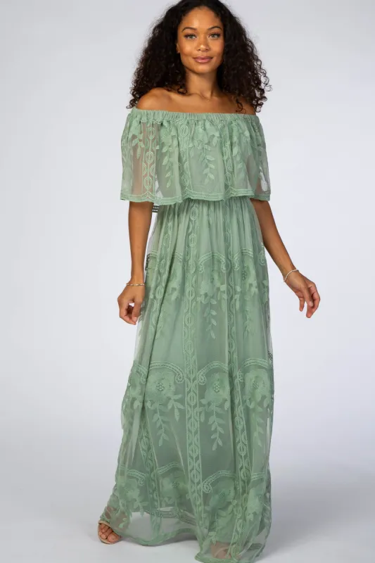 Light Olive Lace Overlay Off Shoulder Flounce Maxi Dress sold by Pinkblush