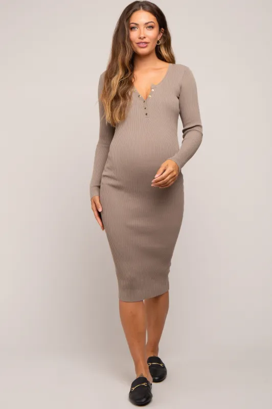 Mocha Ribbed Fitted Button Long Sleeve Maternity Dress sold by Pinkblush