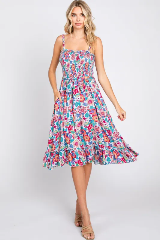 White Floral Smocked Tie Waist Sleeveless Dress sold by Pinkblush