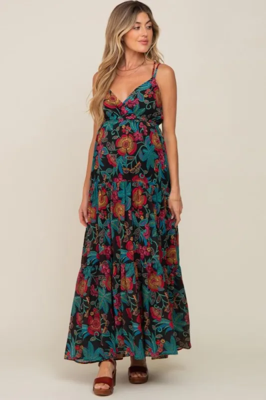 Black Floral Chiffon Criss Cross Back Tiered Maternity Maxi Dress sold by Pinkblush