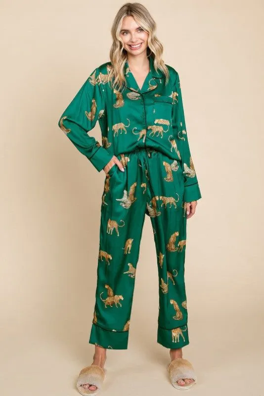 Forest Green Satin Animal Print Pajama Set sold by Pinkblush