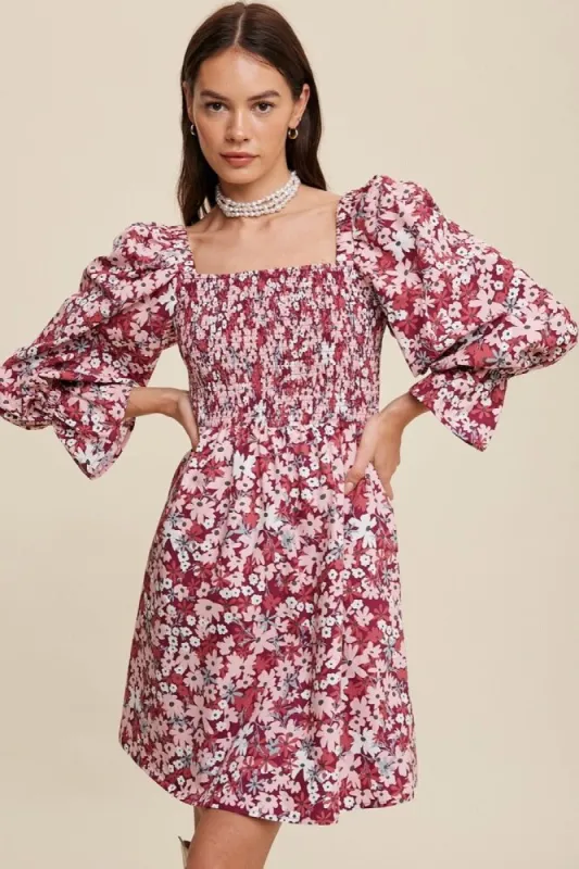 Magenta Floral Print Smocked Square Neck Dress sold by Pinkblush