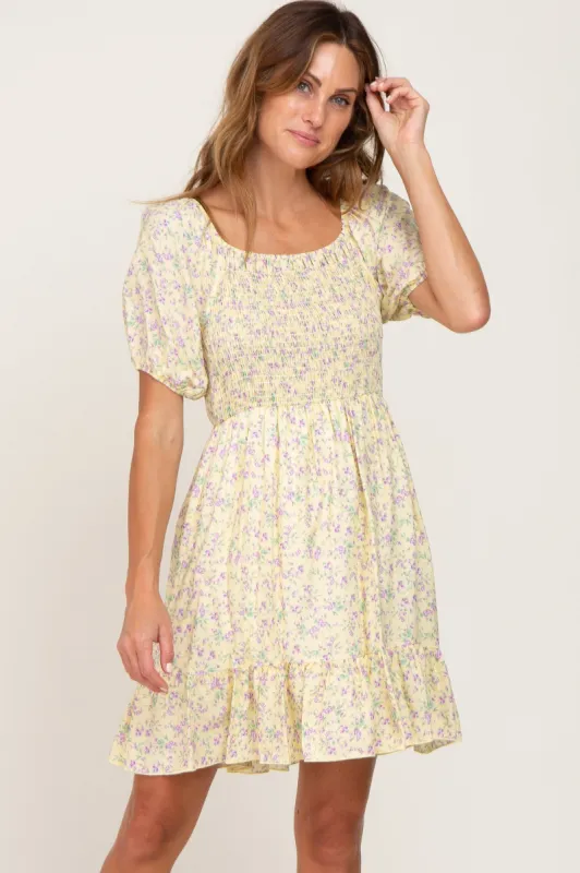 Yellow Floral Smocked Puff Sleeve Dress sold by Pinkblush