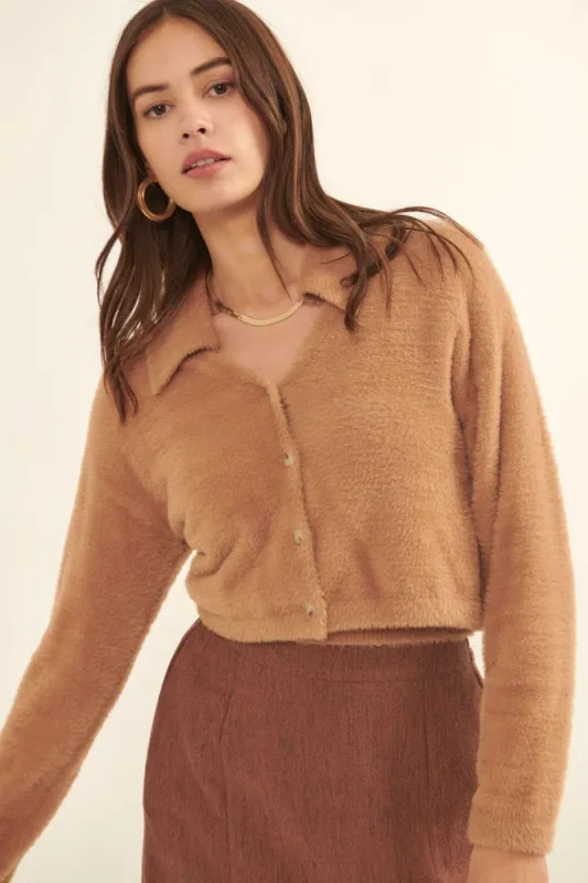 Mocha Fuzzy Textured Cropped Collared Cardigan sold by Pinkblush