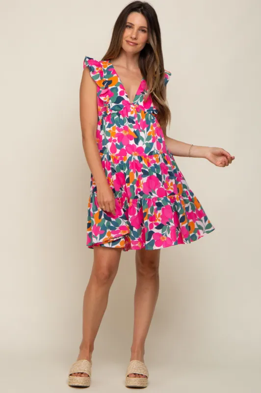 White Floral V-Neck Ruffle Shoulder Tiered Maternity Dress sold by Pinkblush