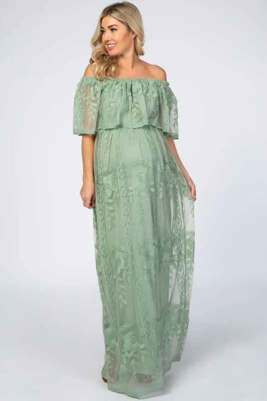 Light Olive Lace Overlay Off Shoulder Flounce Maternity Maxi Dress sold by Pinkblush