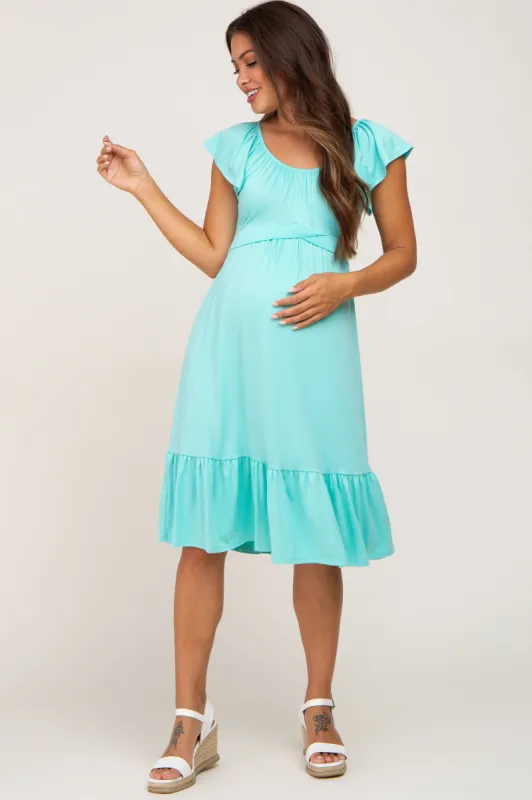 Mint Green Tie Back Flounce Sleeve Maternity Midi Dress sold by Pinkblush