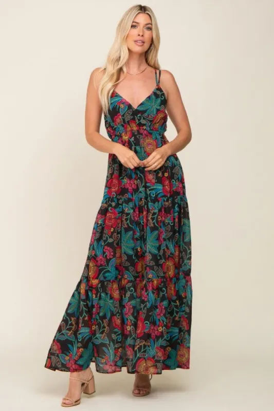 Black Floral Chiffon Criss Cross Back Tiered Maxi Dress sold by Pinkblush