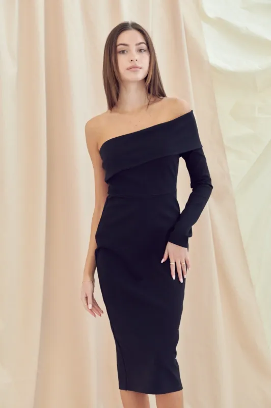 Black One Shoulder Long Sleeve Bodycon Knee Length Dress sold by Pinkblush