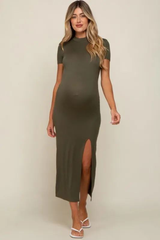 Olive Mock Neck Front Slit Short Sleeve Maternity Maxi Dress sold by Pinkblush