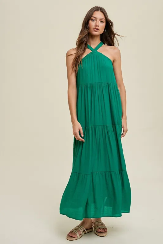 Emerald Halter Tiered Maxi Dress sold by Pinkblush