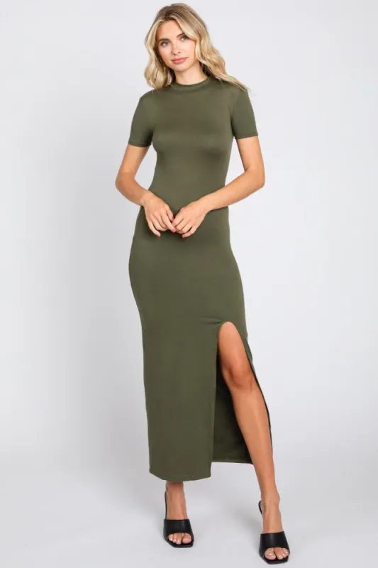 Olive Mock Neck Front Slit Short Sleeve Maxi Dress sold by Pinkblush