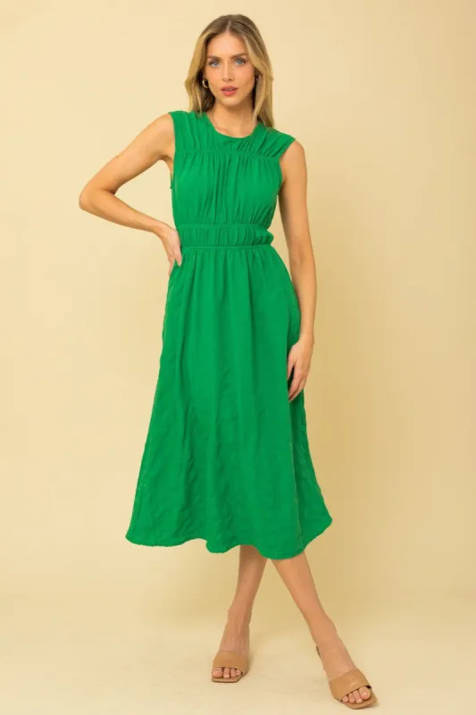 Kelly Green Sleeveless Elastic Shirring Midi Dress sold by Pinkblush