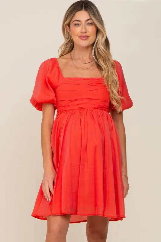 Orange Square Neck Puff Short Sleeve Maternity Dress sold by Pinkblush