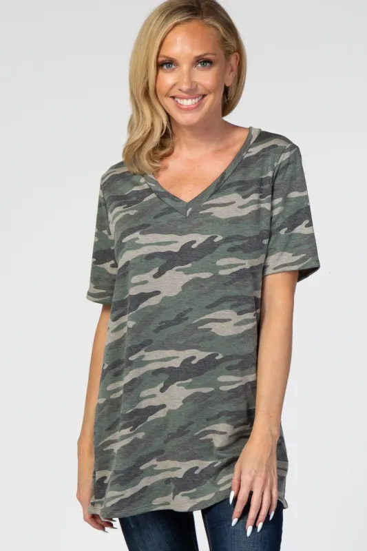 Olive Camo V-Neck Short Sleeve Top sold by Pinkblush
