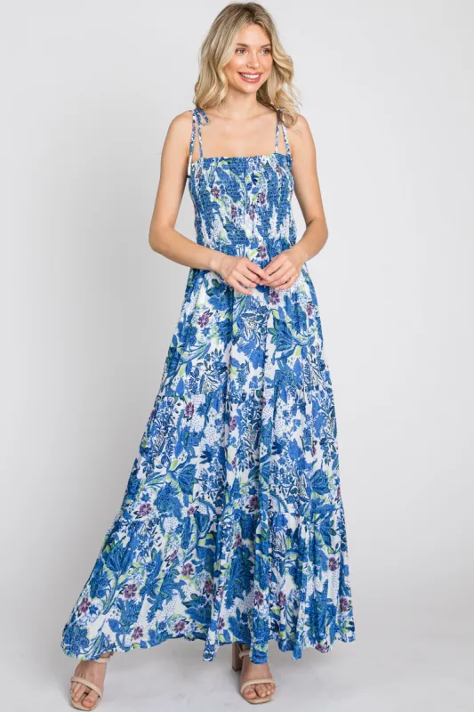 Blue Floral Smocked Square Neck Shoulder Tie Maxi Dress sold by Pinkblush