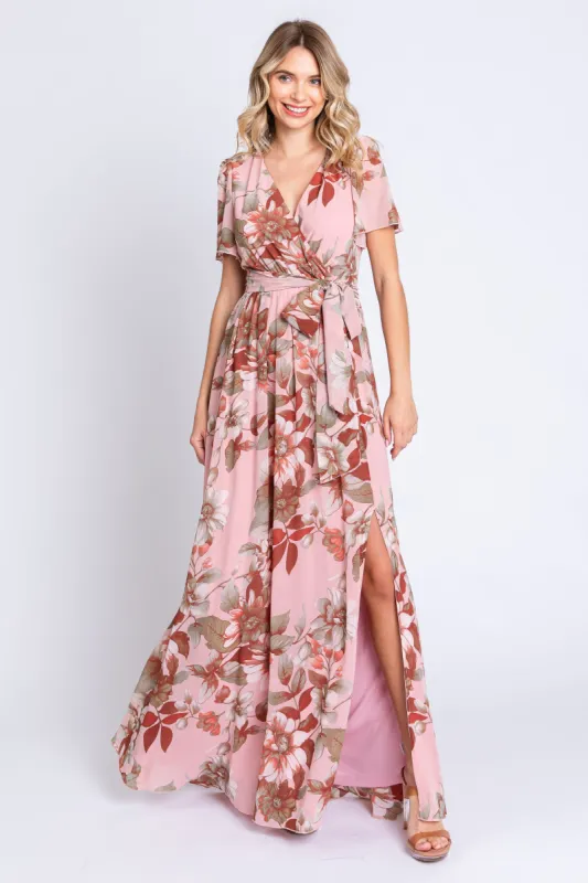 Mauve Floral V-Neck Side Slit Dress sold by Pinkblush