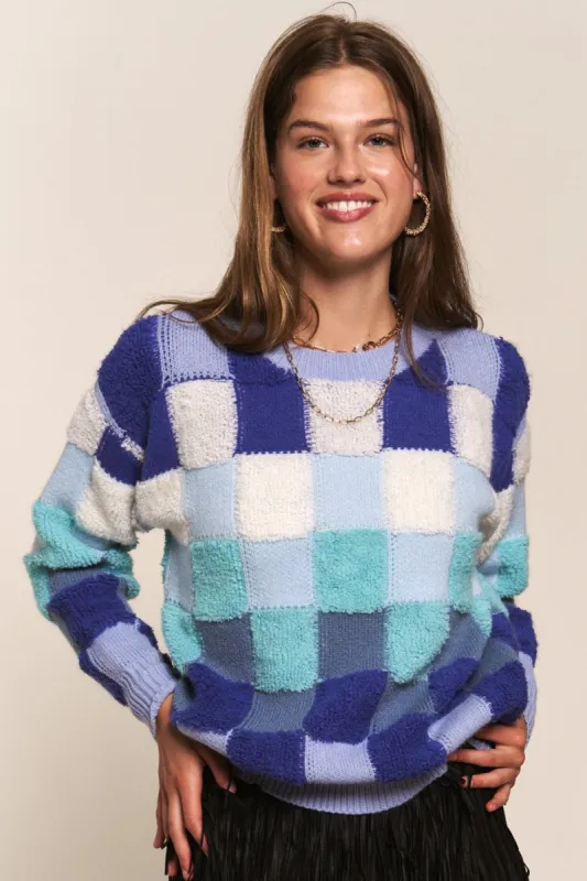 Blue Multi Multicolor Checkered Knit Sweater sold by Pinkblush