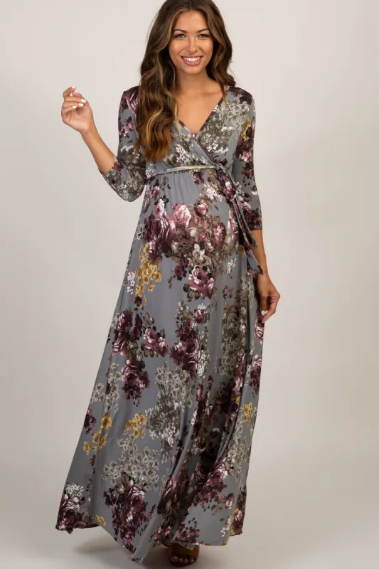 PinkBlush Grey Floral Sash Tie Maternity/Nursing Dress sold by Pinkblush