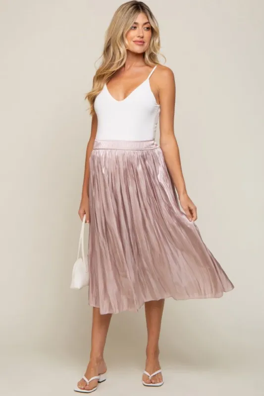 Light Pink Pleated Shimmer Satin Maternity Midi Skirt sold by Pinkblush