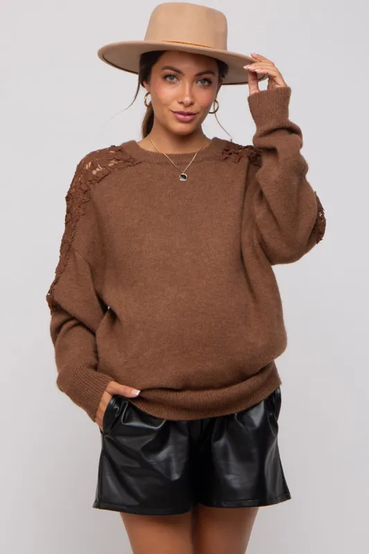 Mocha Crochet Lace Shoulder Maternity Sweater sold by Pinkblush