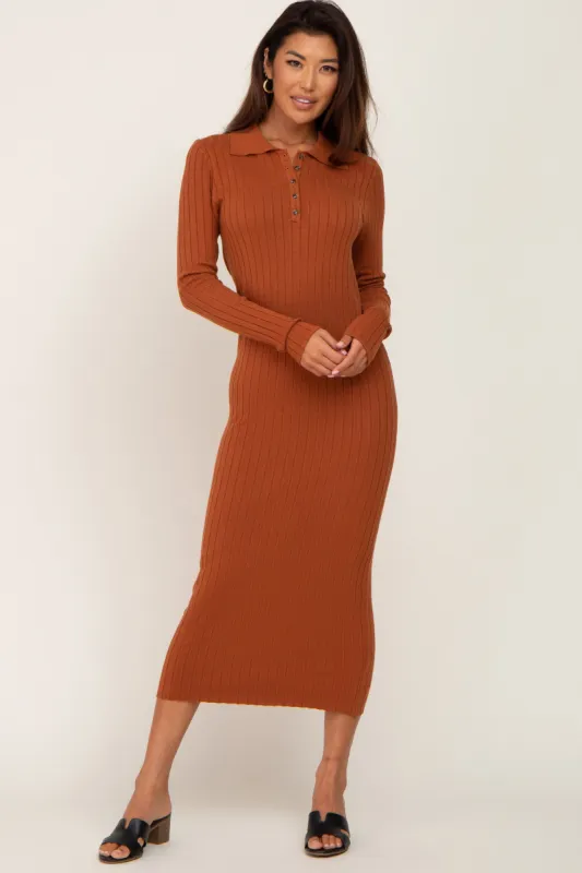 Rust Ribbed Knit Long Sleeve Collared Midi Dress sold by Pinkblush
