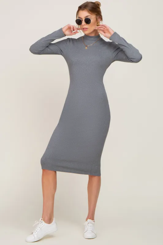 Heather Grey Ribbed Fitted Mock Neck Long Sleeve Dress sold by Pinkblush