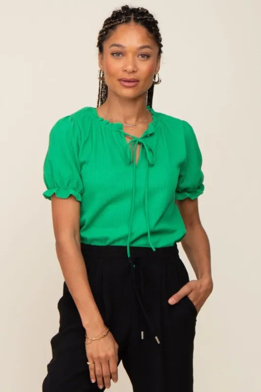 Green Ruffle Accent Tie Front Blouse sold by Pinkblush