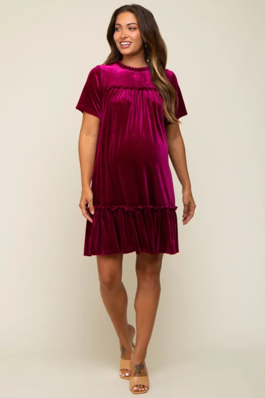 Burgundy Jade Ruffle Accent Velvet Maternity Dress sold by Pinkblush