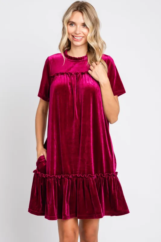 Burgundy Ruffle Accent Velvet Dress sold by Pinkblush