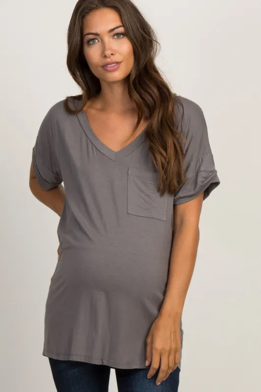 Charcoal Grey Basic V-Neck Pocket Maternity Top sold by Pinkblush