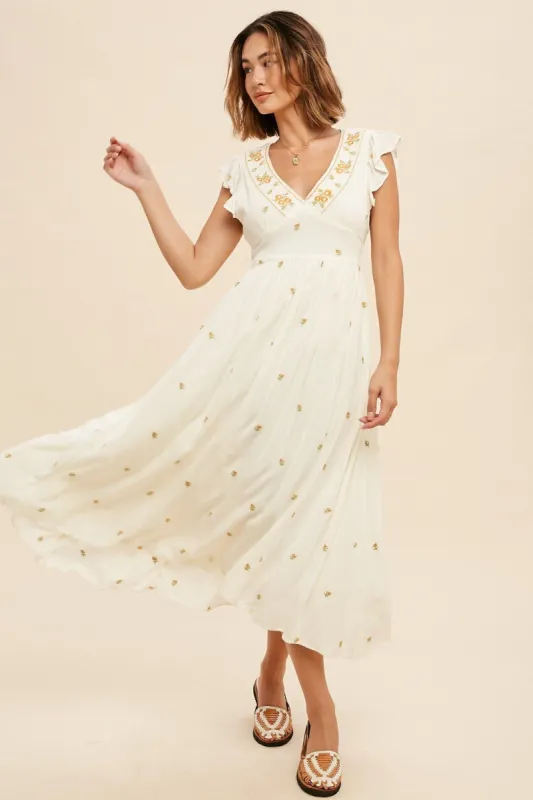Cream All Over Floral Embroidered V Neck Midi Dress sold by Pinkblush