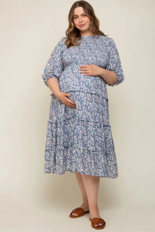 Blue Floral Smocked Ruffle Tiered Maternity Plus Midi Dress sold by Pinkblush