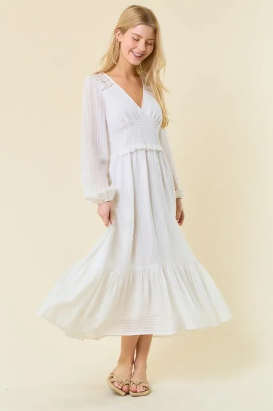 Off White V Neck Midi Dress With Smocked Waist sold by Pinkblush