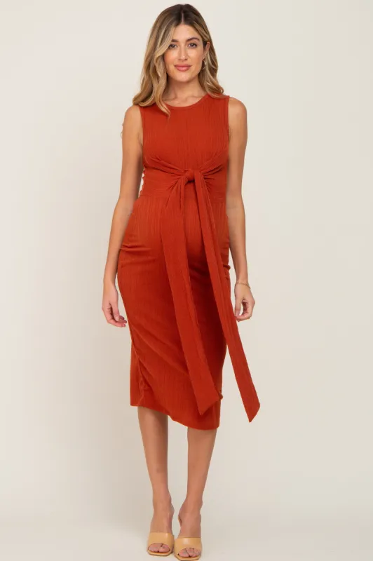 Rust Ribbed Front Twist Maternity Midi Dress sold by Pinkblush