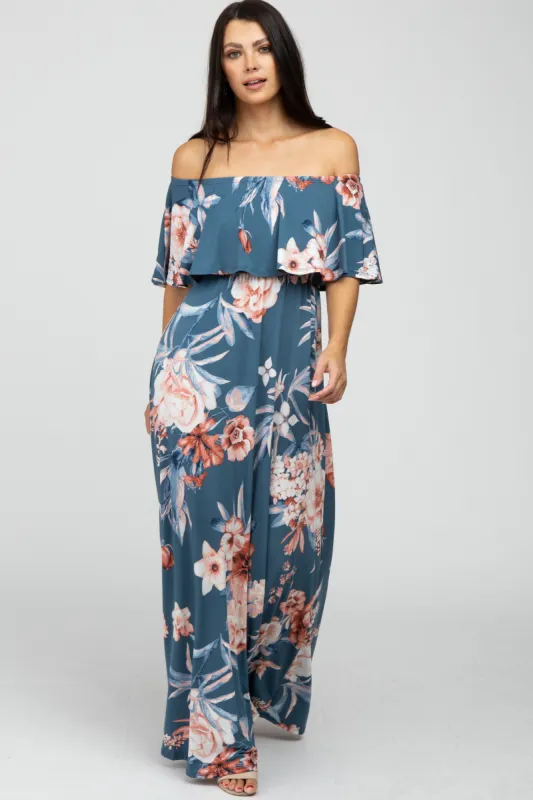 Blue Floral Off Shoulder Maxi Dress sold by Pinkblush